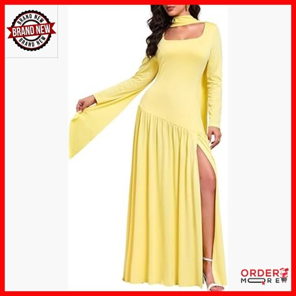 Dresses & Skirts - Maxi Dress with Scarf, Drop Waist High Slit Square Neck Long Sleeve Formal